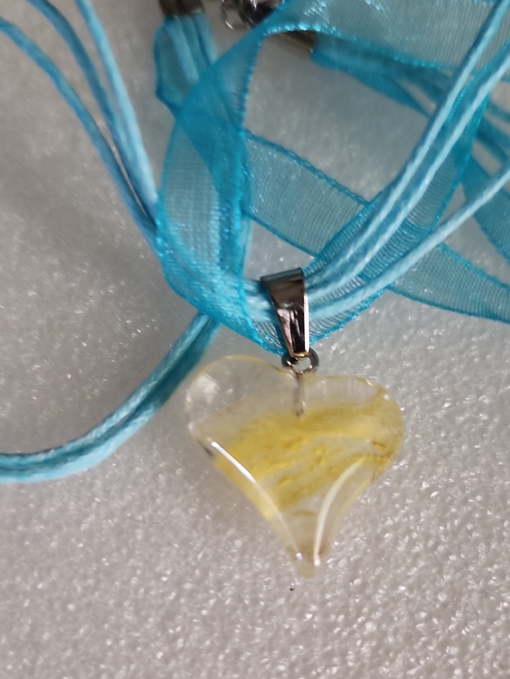 Hand Crafted Yellow Heart Glass Pendant on Aqua Ribbon